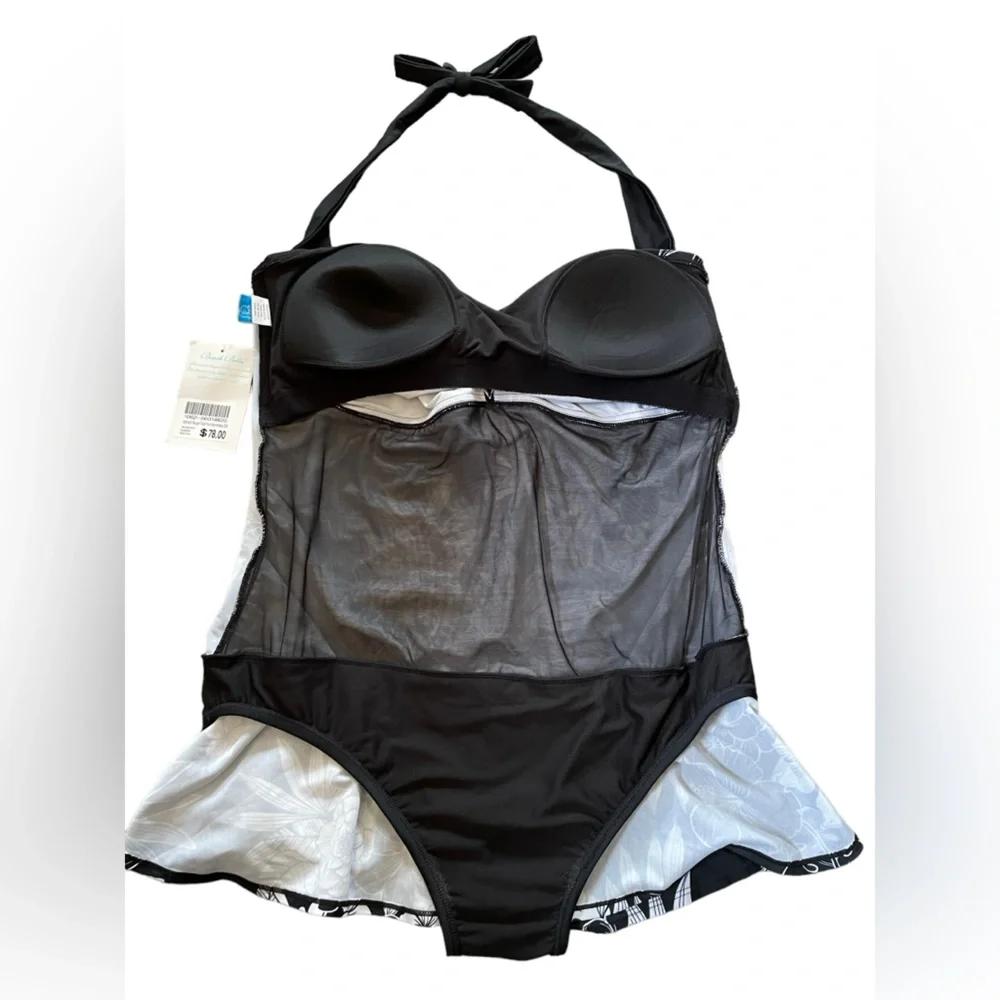 NEW Beach Belle Plus Size Black White Midnight Bouquet Twist Halter Swim Dress - Picture 5 of 9